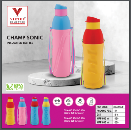 CHAMP SONIC VIRTUE HOMEWARE INSULATED WATER BOTTLE - BPA Free Plastic, 83 oz Capacity, Yellow Color, Round Shape | Airtight & Leak Proof Lid, Easy to Wash