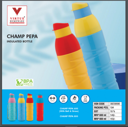 CHAMP PEPA VIRTUE HOMEWARE INSULATED WATER BOTTLE - Plastic, 800 ml Capacity, Yellow Color | Airtight, Leak-Proof Lid, Easy to Clean, BPA Free