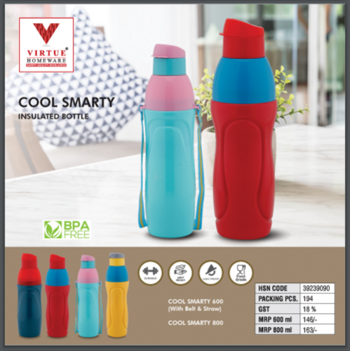 COOL SMARTY VIRTUE HOMEWARE INSULATED WATER BOTTLE - BPA Free Plastic, Round Shape, Red Color | Airtight & Leak Proof Lid, Wide Opening for Easy Pouring