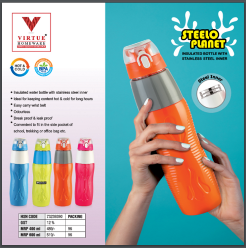 STEELO PLANET VIRTUE HOMEWARE INSULATED BOTTLE WITH S.S. INNER - Plastic, 600 ml, Orange | Air Tight & Leak Proof Lid, Wide Opening for Safe Pouring, BPA Free
