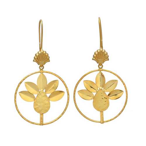 Golden Flower and Leaf Circular Hook Earring