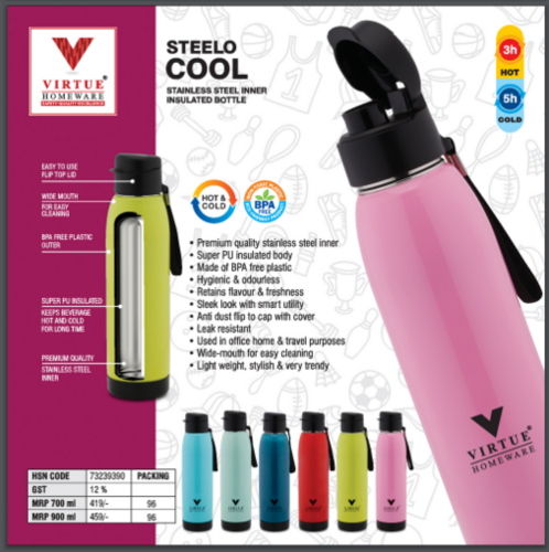 STELEO COOL VIRTUE HOMEWARE - 900 ml Round BPA-Free Plastic Bottle, Pink | Airtight Leak Proof Lid, Easy to Clean, Insulated for Hot & Cold Water