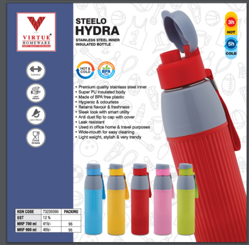 STEELO HYDRA VIRTUE HOMEWARE ST. STEEL INNER INSULATED BOTTLE - 900 ml, Red Plastic Design | Airtight Leak Proof Lid, Wide Opening for Easy Pouring