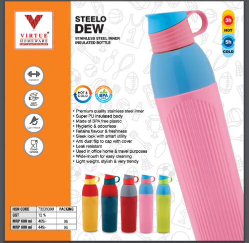 STEELO DEW VIRTUE HOMEWARE ST. STEEL INNER INSULATED BOTTLE - 800 ml, Pink Plastic , Air Tight Leak Proof Lid, Easy to Wash & Clean