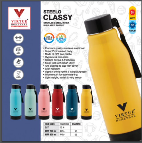 STEELO CLASSY VIRTUE HOMEWARE ST. STEEL INNER INSULATED BOTTLE - 800 ml, Yellow Plastic Round Bottle | Airtight Leak Proof Lid, Easy to Clean, Hot & Cold Water Use