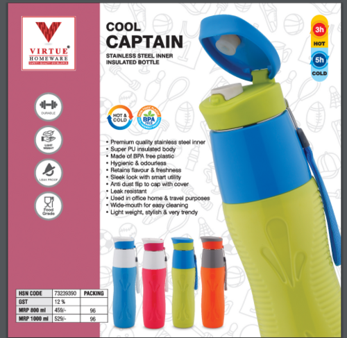 Cool Captain Virtue Homeware - 1000 ml BPA Free Green Plastic Insulated Bottle | Airtight, Leak Proof Lid, Easy to Clean, Hot & Cold Water Capacity
