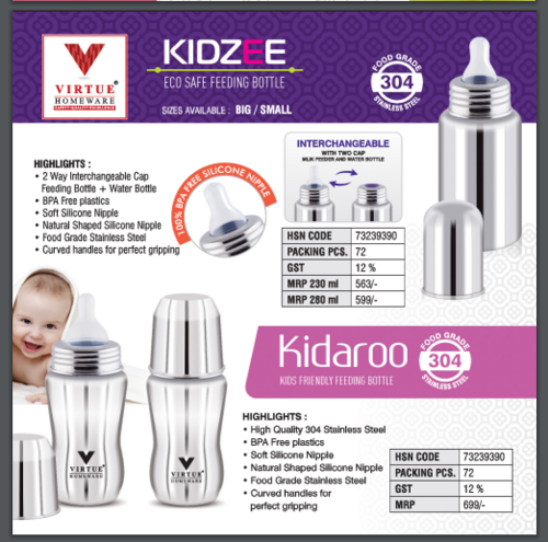 Kidzee Virtue Homeware St. Steel Eco Safe Feeding Bottle - Capacity: 280 Ml