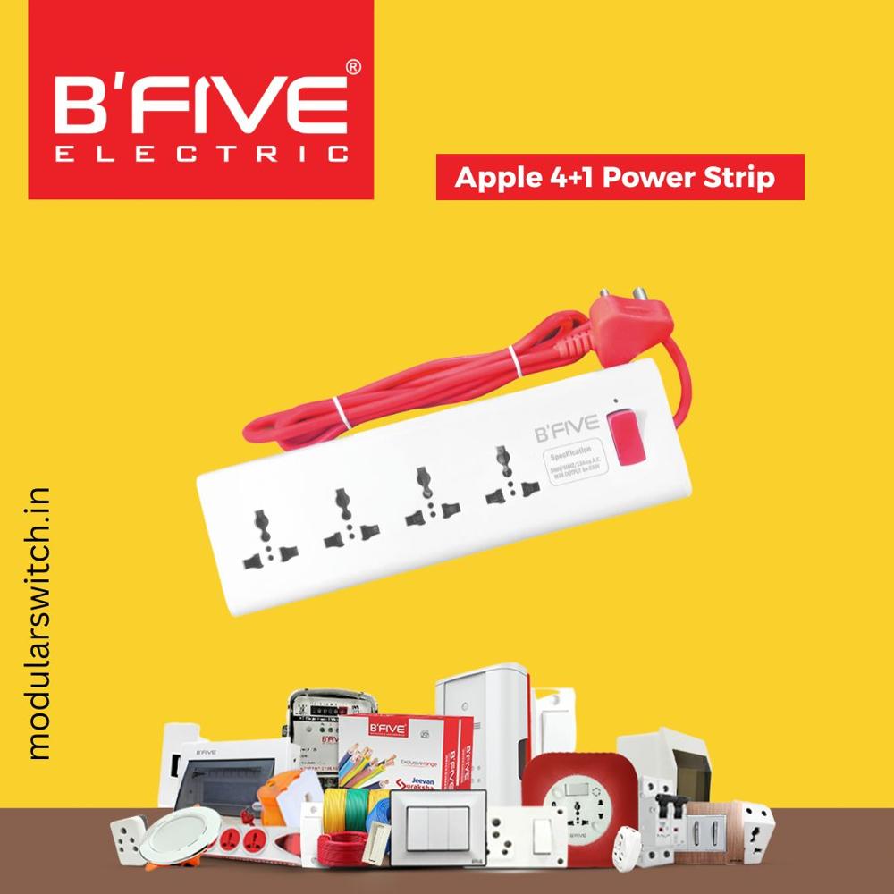Apple 4 + 1 Power Strip - Plastic, Standard Size, Glossy Finish, White and Red | 4 Sockets with 1 Main Switch, Low-Power Consumption, Overheating Protection