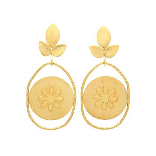 woman gold plated flower and leaf drop earring