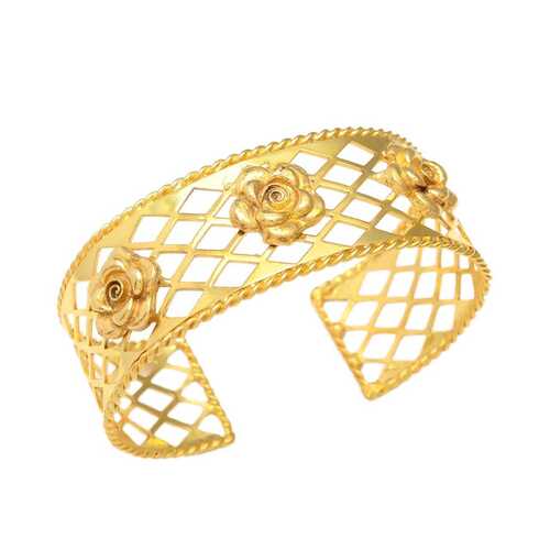 Golden Cuff Bracelet With Beautiful Flower Design