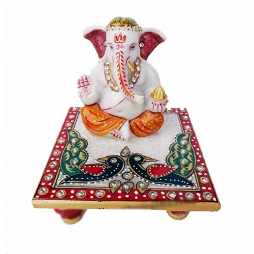 Durable Marble Chowki Orange Ganesh Ji