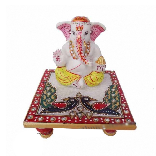 Easy To Clean Marble Chowki Yellow Ganesh Ji