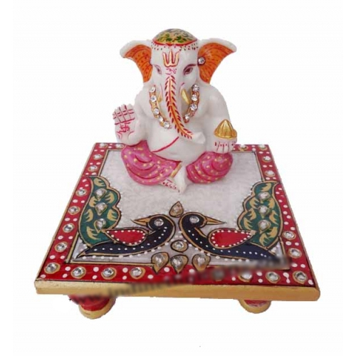 Durable Marble Chowki Pink Ganesh Ji