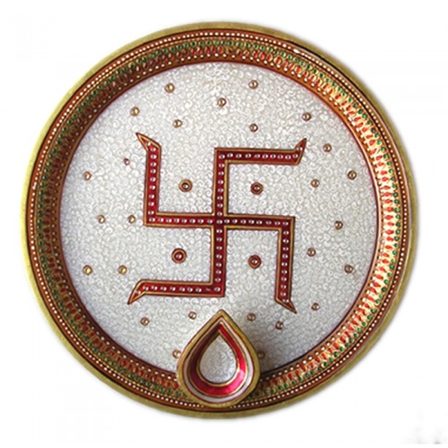 Easy To Clean 9Inch Marble Pooja Plate Swastik Exclusive