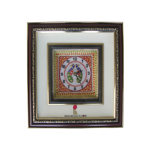Multicolor Marble Tray Clock Peacock Painting
