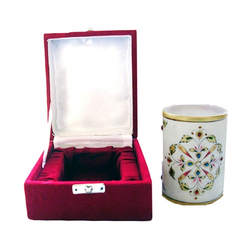 Exclusive Gold Work Marble Pen Holder - Round Shape Multicolor Design | Luxurious Velvet Box Available in Various Sizes for Industrial Use