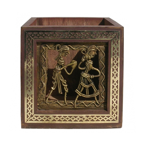 Sheesham Wood Pen Holder - High-Quality Sheesham Wood Multicolored Design Unique Dogra Painting and Square Shape for Stylish Workspace Organization