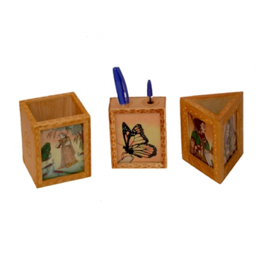 Multicolor Wooden Pen Holder With Gemstone Painting