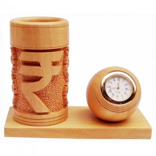 Multicolor Wooden Rupee Pen Holder Cum Watch
