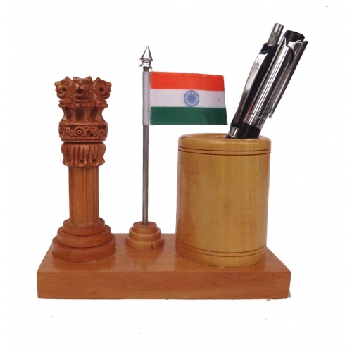 Multicolor Wooden Pen Holder Ashoka Pillar With Flag