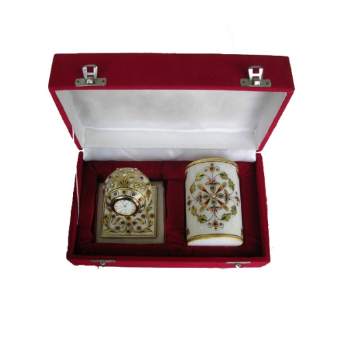 Multicolor Marble Clock Chowki And Pen Stand
