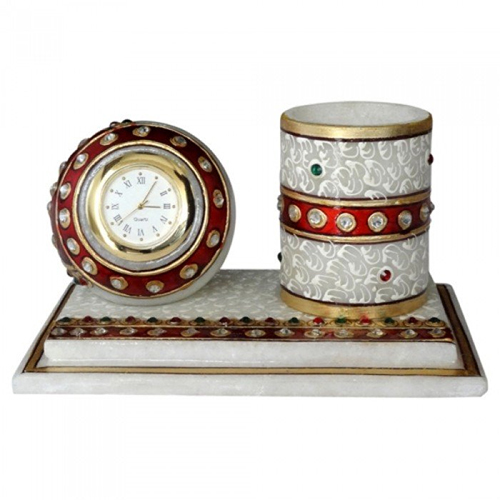 Multicolor Meena Work Marble Base Clock