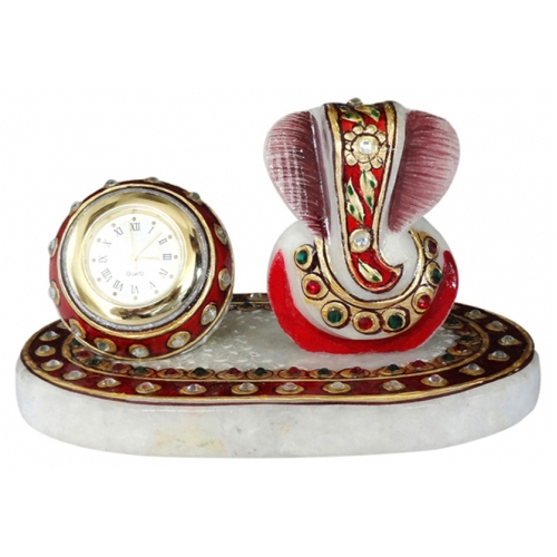Marble Base Oval Clock - Multicolored High-Quality Marble, Elegant Ganesha Figurine Integrated Design, Perfect for Industrial Decor