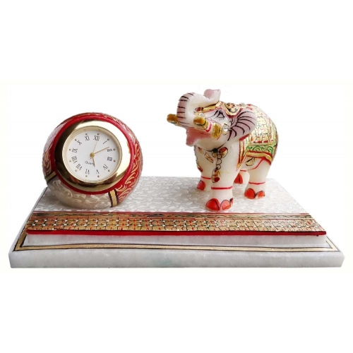 Elephant and Clock With Marble Base - Multicolored Marble, Available in Multiple Sizes | Elegant Industrial Decor for Offices and Factories