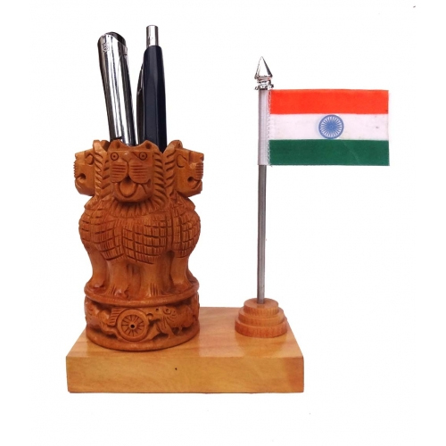 Multicolor Wooden Pen Holder With Flag