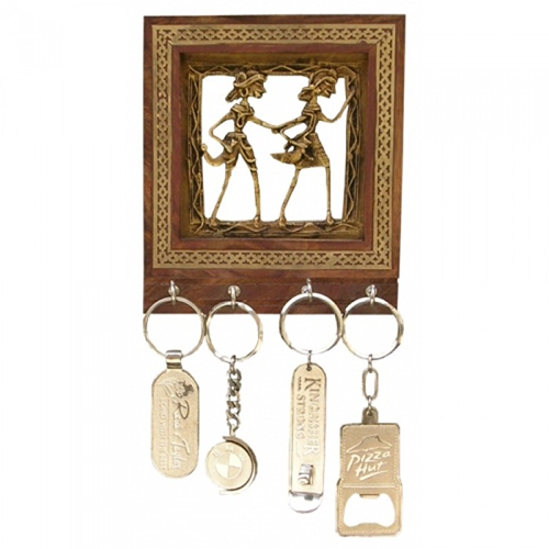 Polished Sheesham Wood Key Hanger With Dogra Painting