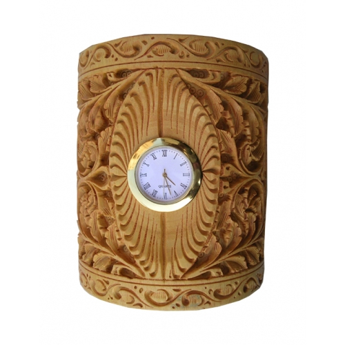 Brown Wooden Carved Pen Holder Cum Watch