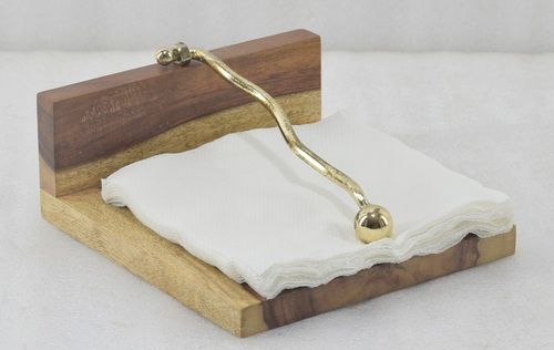 Wooden Napkin Holder With Gold Plated Handle