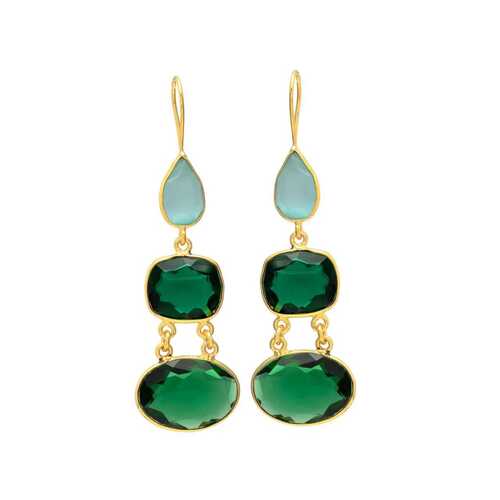 Emerald Green Quartz and Turquois Dangle Hook Earrings