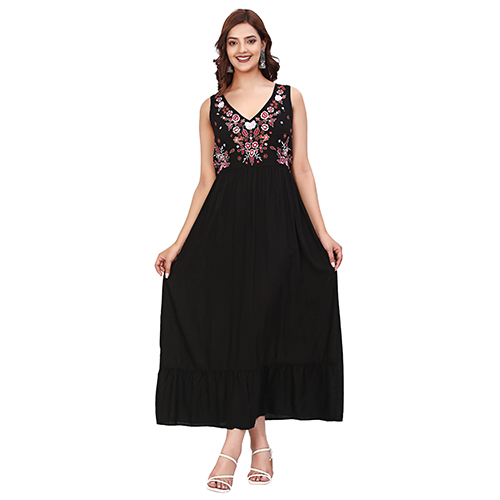 Different Available Ladies Black Summer Floral Embroidered Dress