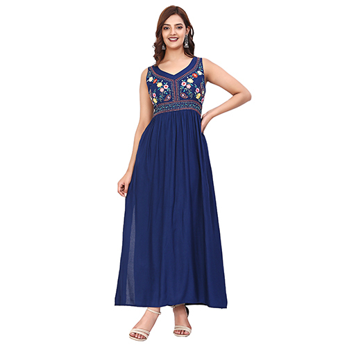 Different Available Ladies Blue Fancy Summer Floral Embroidered Maxi Dress