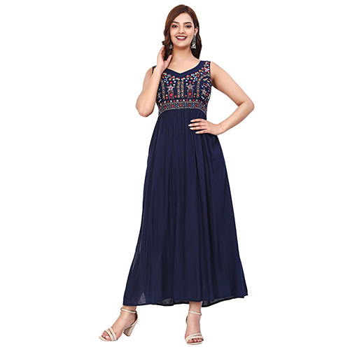 Different Available Ladies Navy Blue Summer Floral Embroidered Maxi Dress