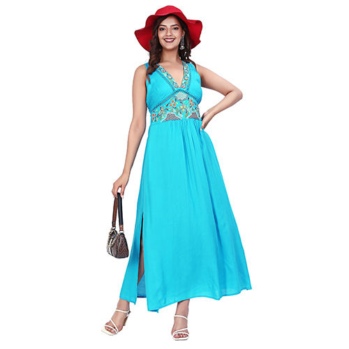 Different Available Ladies Sky Blue Floral Embroidered Dress