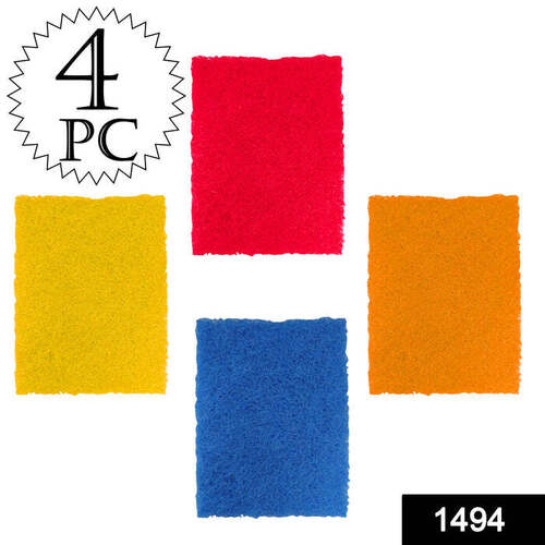 KITCHEN SCRUBBER PADS FOR UTENSILS / TILES CLEANING (PACK OF 4) - Soft Sponge Material, Standard Size, Yellow, Red, Blue & Orange | Highly Efficient, No Scratch, Easy to Clean and Dry