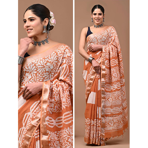 Ladies Cotton Linen Orange Saree