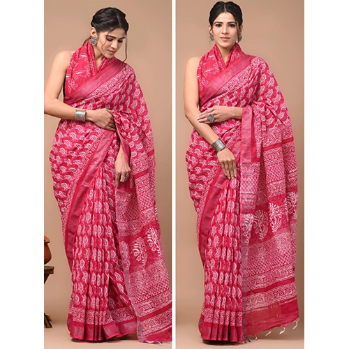 Pink Cotton Linen Saree