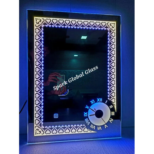 Blue & White Led Touch Sensor Mirror With Clock