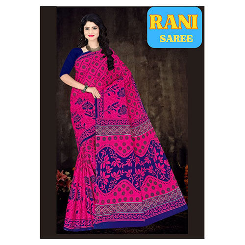 Printed Pink And Blue Cotton Saree