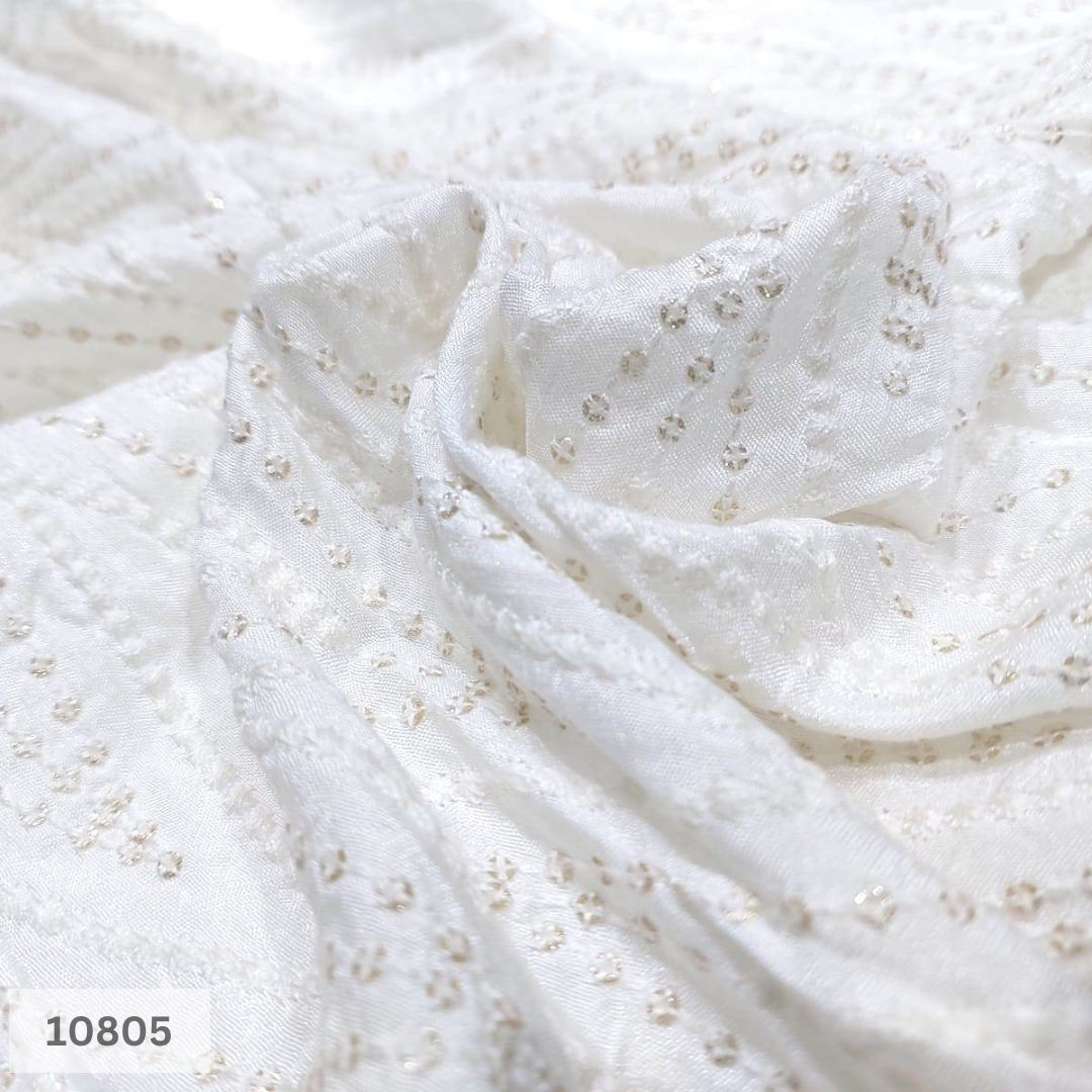 White Dola silk Embroidered fabric in Daman Pattern