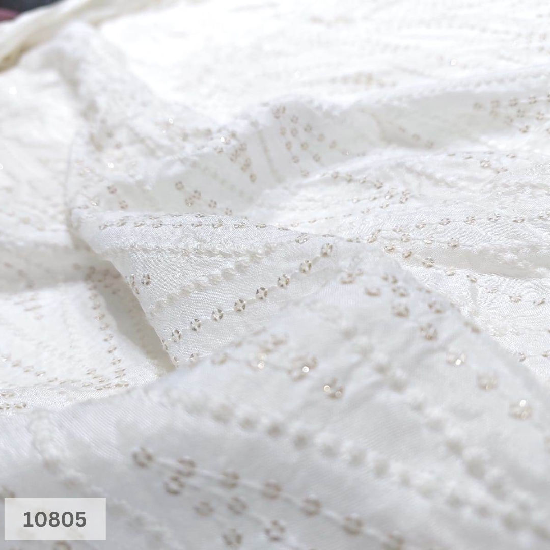 White Dola silk Embroidered fabric in Daman Pattern