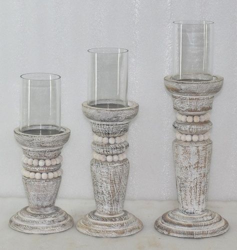 Wooden Pillar White Wash Candle Holder set