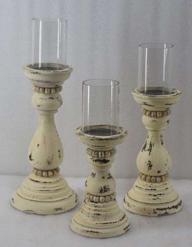 Set of 3 Wooden White Wash Pillar Holder