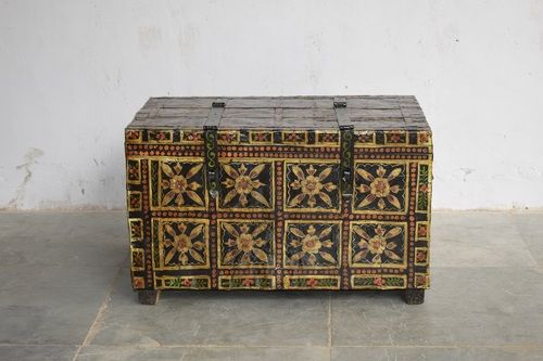 Antique Iron Fitted Wooden Box Painted - Brand Name: H