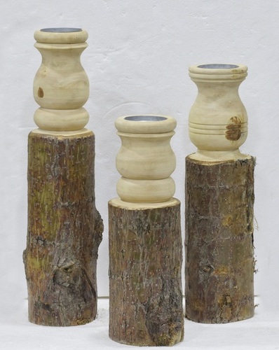 Wooden Set of 3 Pillar Holder With Bark