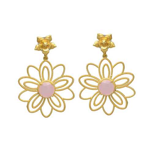 Golden flower design earring with pink hydra gemstone