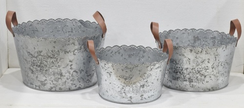 Galvanised Planter Set With Leather Handle